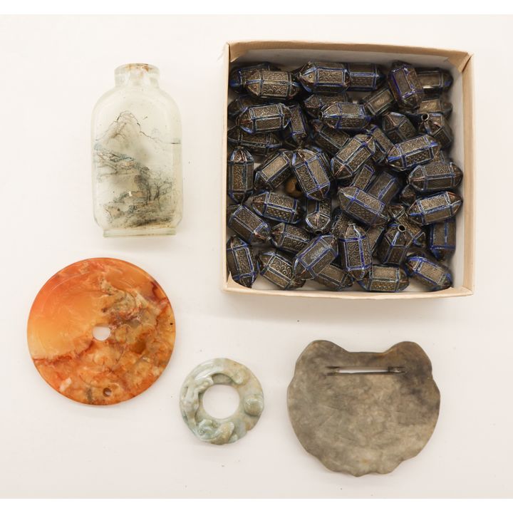 2 Boxes Chinese Carved Jade Pendants & Silver Beads