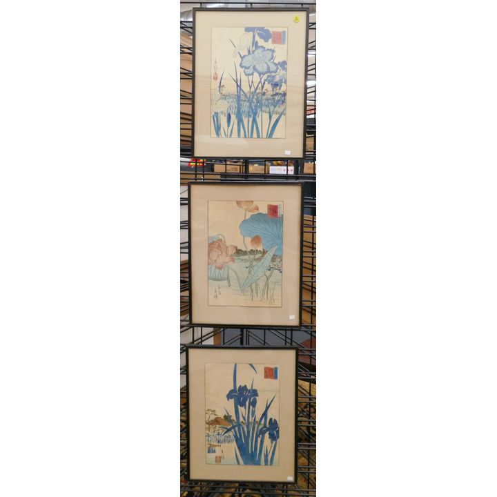 3pc Old Japanese Iris & Lotus Flower Woodblock Prints Framed- 17x13''