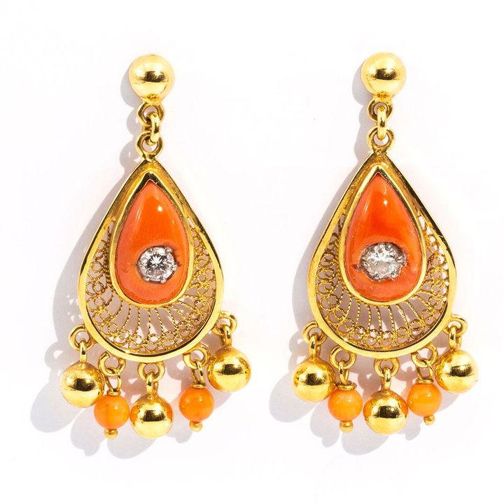 Vintage Coral & Diamond 18 Carat Gold Drop Earrings