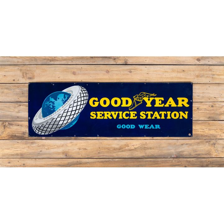 Goodyear Service Station Good Wear w/ World in Tire Logo Single Sided Porcelain Sign TAC 8.9