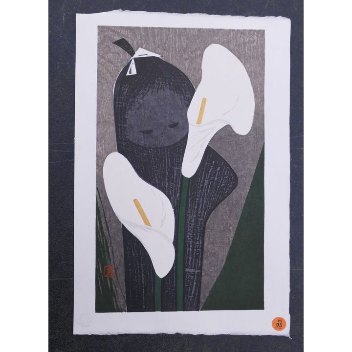 Kaoru Kawano Girl with Calla Lilies Woodblock Print