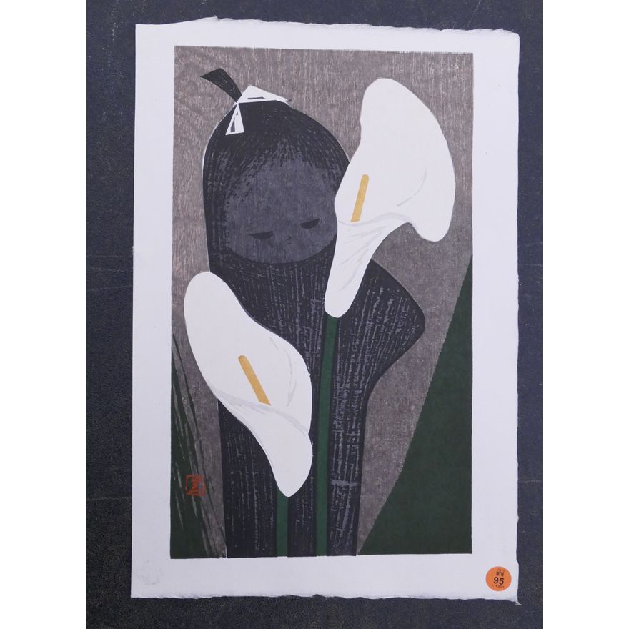 Kaoru Kawano Girl with Calla Lilies Woodblock Print