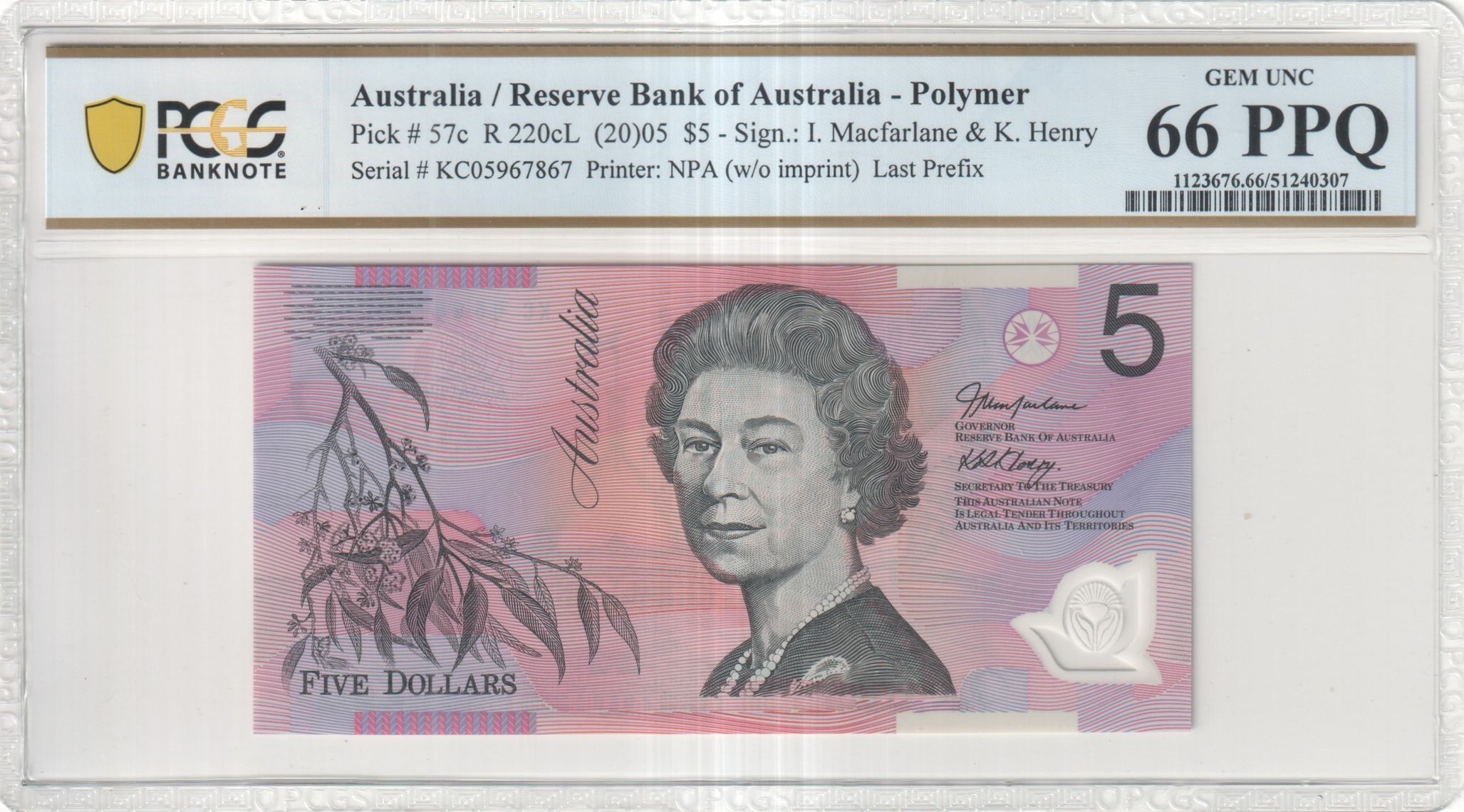Macfarlane/Henry, Last Prefix, Five Dollar, 2005, PCGS Gem UNC 66 PPQ