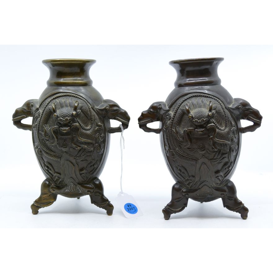 Pair Old Chinese Bronze Elephant Handled Vases 8''