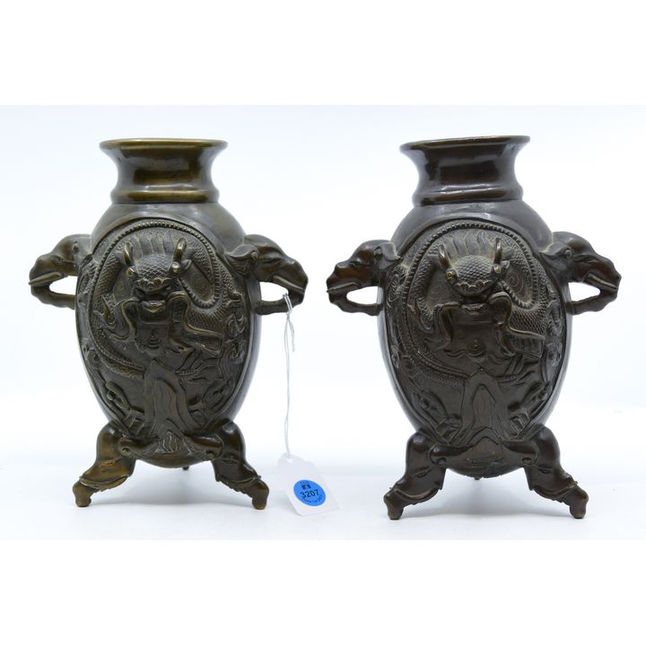 Pair Old Chinese Bronze Elephant Handled Vases 8''