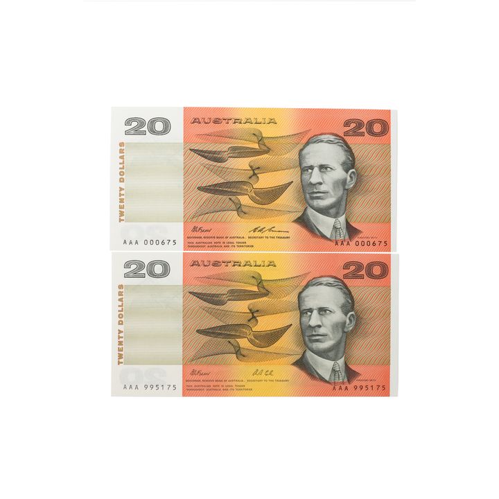 Consecutive Pair, Fraser/Cole, Twenty Dollars, 1991, UNC