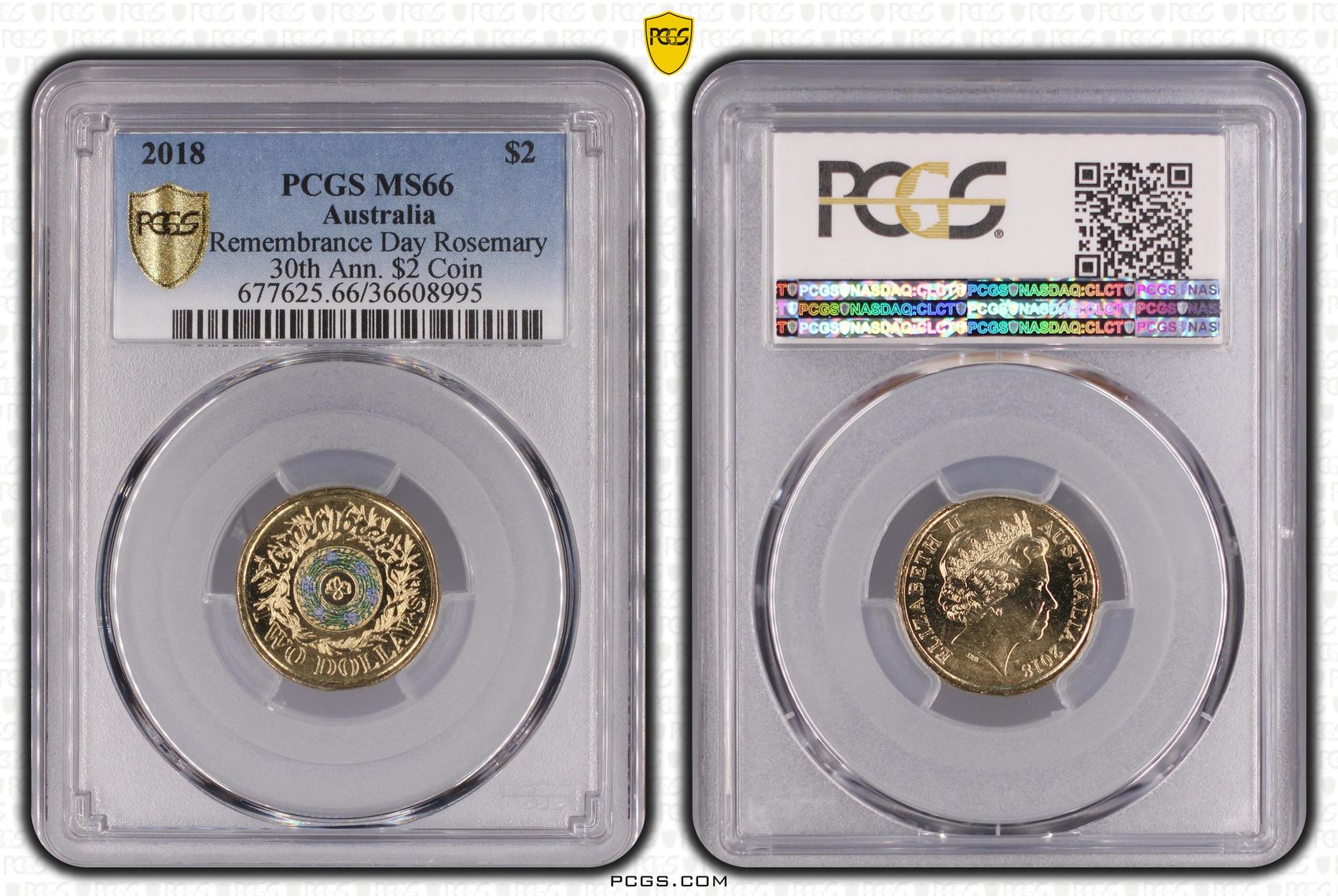 Elizabeth II, Remembrance Day Rosemary 30th Ann. $2 Coin, Two Dollar, 2018, PCGS MS66