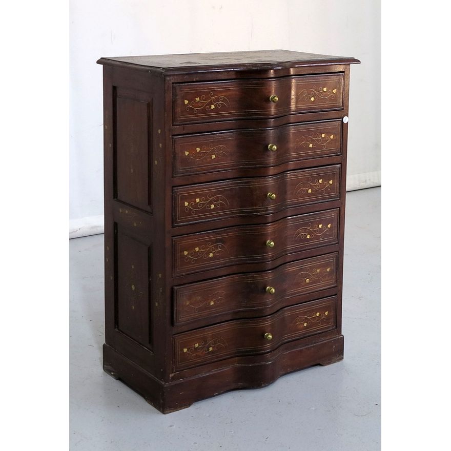 BRASS INLAID SERPENTINE FRONT CHEST OF DRAWERS