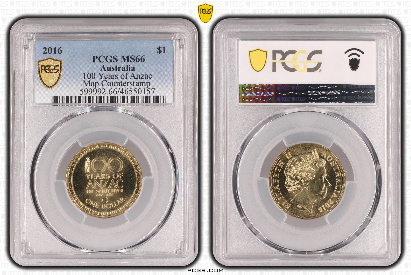255 · 100 Years of Anzac Map Counterstamp, One Dollar, 2016, PCGS MS66