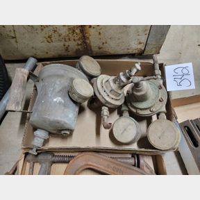 Vintage cutting torch gauges and brass torch can