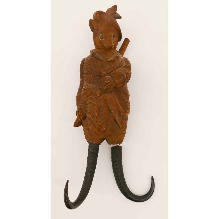 Antique Black Forest Figural Opossum Carved Music Box Coat Rack- some damage- 12''