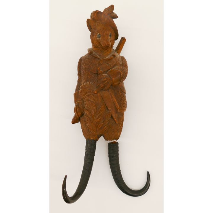 Antique Black Forest Figural Opossum Carved Music Box Coat Rack- some damage- 12''