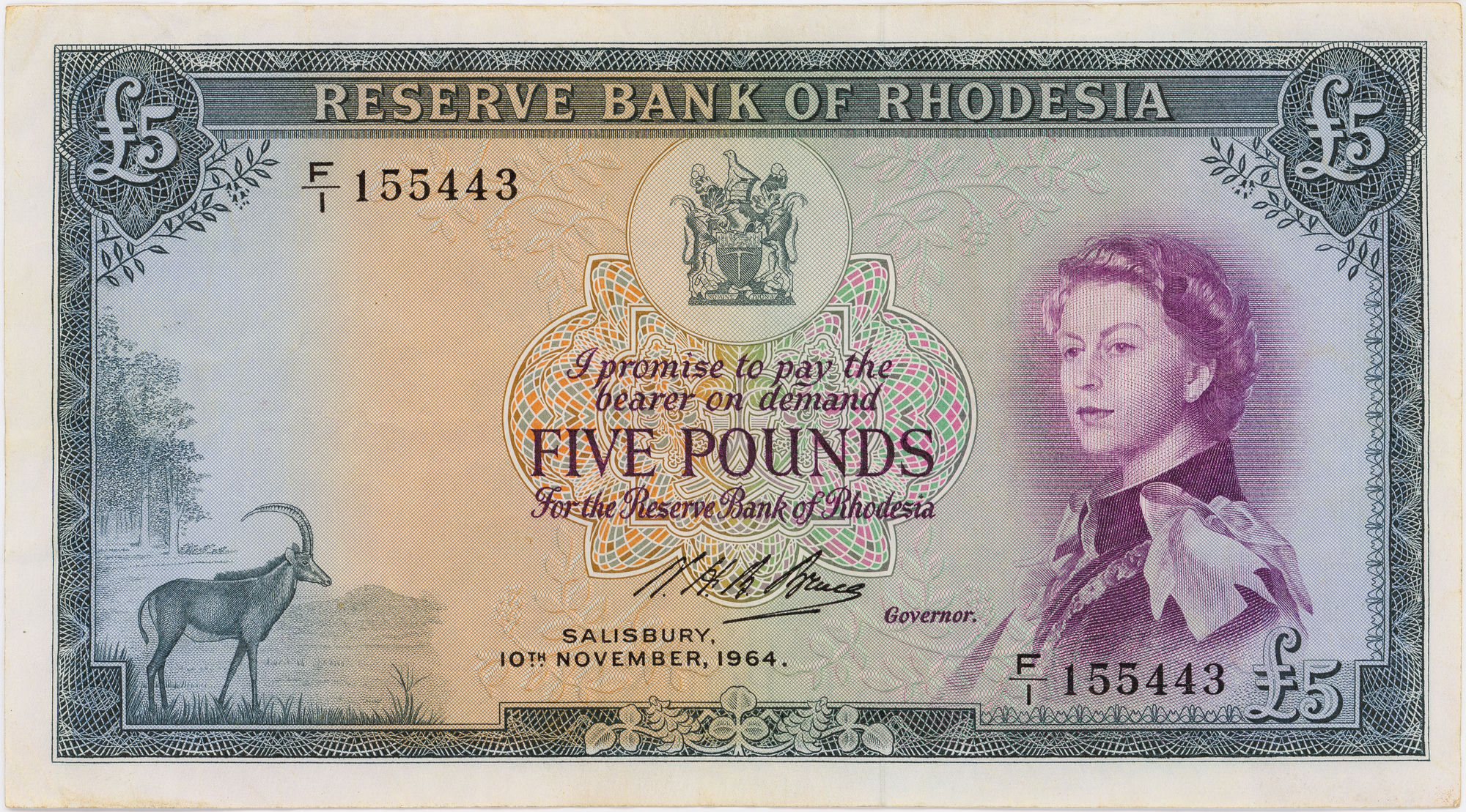 Rhodesia, Elizabeth II, Reserve Bank, Five Pounds, 1964, aVF