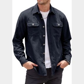 PLEPAN MEN'S CORDUROY JACKET BUTTON DOWN SHIRTS CASUAL LONG SLEEVE SHACKET JACKETS WITH FLAP POCKETS (NAVY BLUE, M)