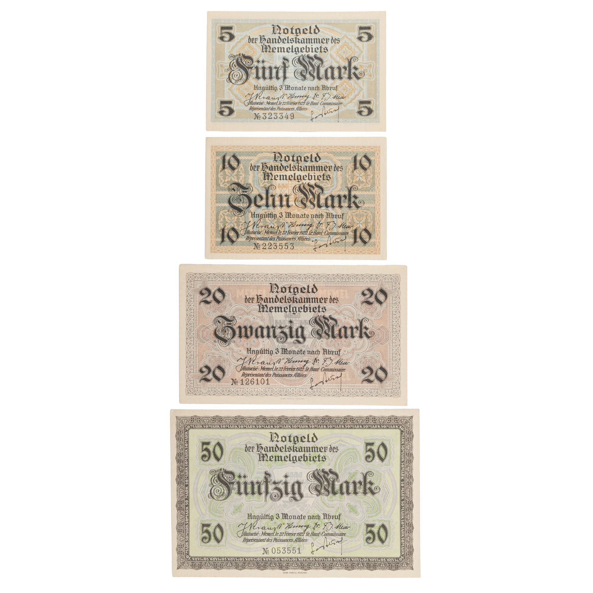 France, Treasury Banknote - Memel Notgeld (Lithuania), Five Mark - Fifty Mark, 1922, aUNC - UNC