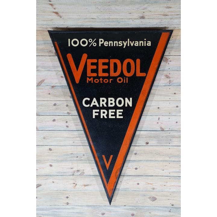 Veedol Motor Oil Carbon Free Single Sided Tin Diecut Metal Sign & Original Wood Frame TAC 8.25