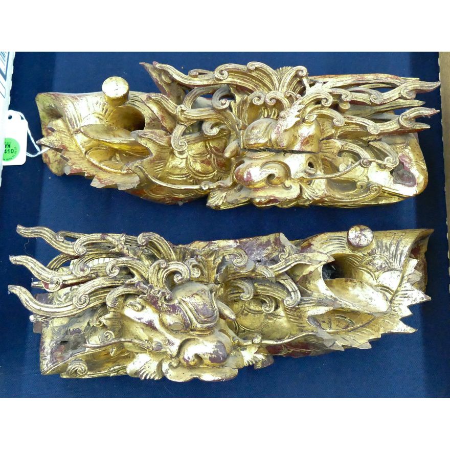 Pair Old Chinese Gilt Lacquered Foo Lion Temple Pieces 11''