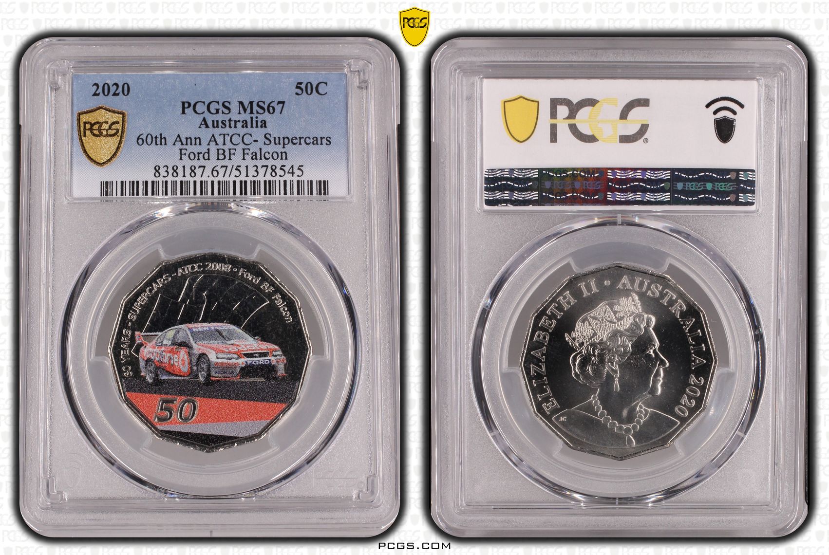 60th Ann ATCC- Supercars Ford BF Falcon Colorized, Fifty Cent, 2020, PCGS MS67