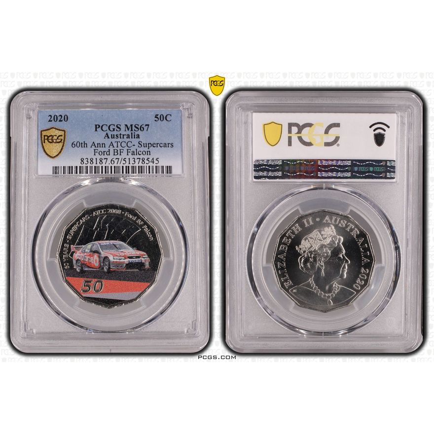 60th Ann ATCC- Supercars Ford BF Falcon Colorized, Fifty Cent, 2020, PCGS MS67