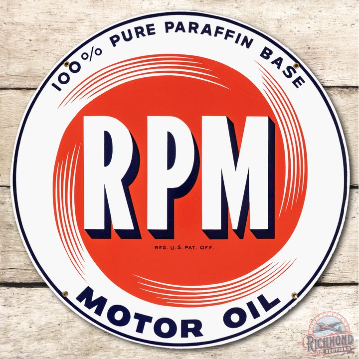 23" RPM 100% Pure Paraffin Base Motor Oil Porcelain Sign TAC 9.75