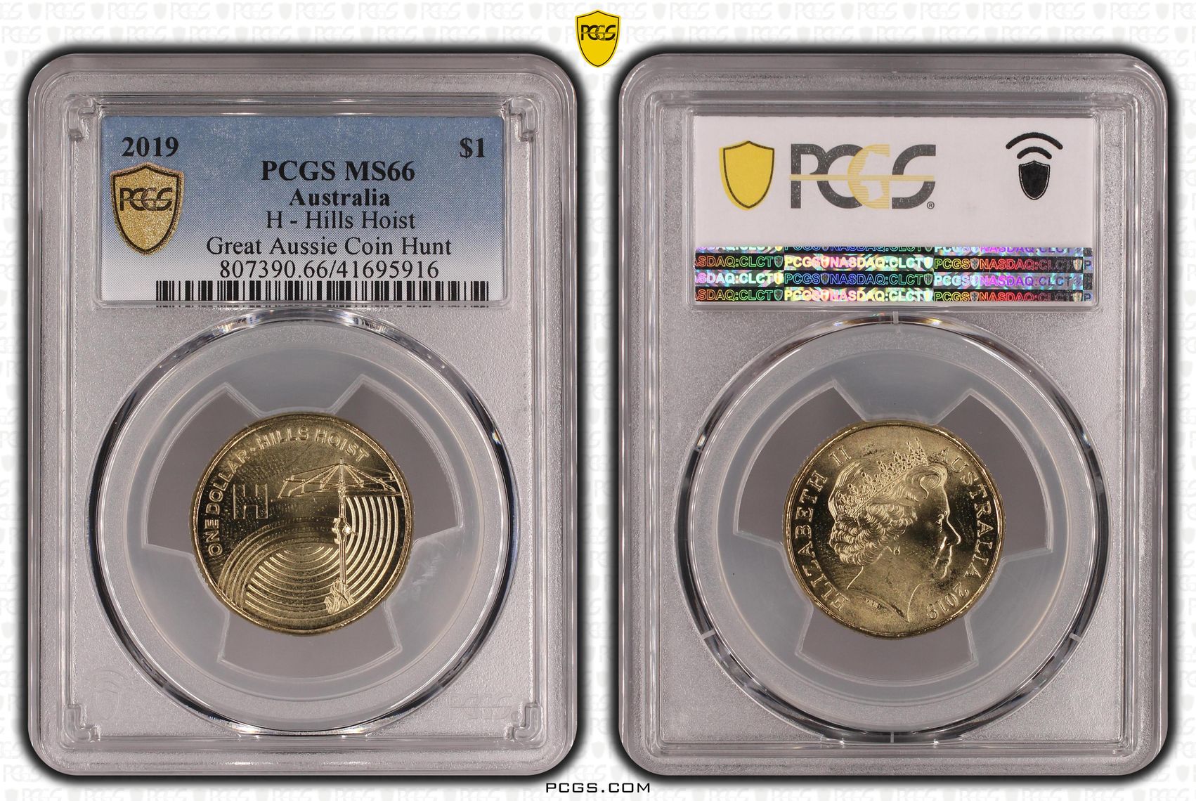 419 · 2019 Australia One Dollar, $1 H - Hills Hoist Great Aussie Coin Hunt PCGS - MS66 -916