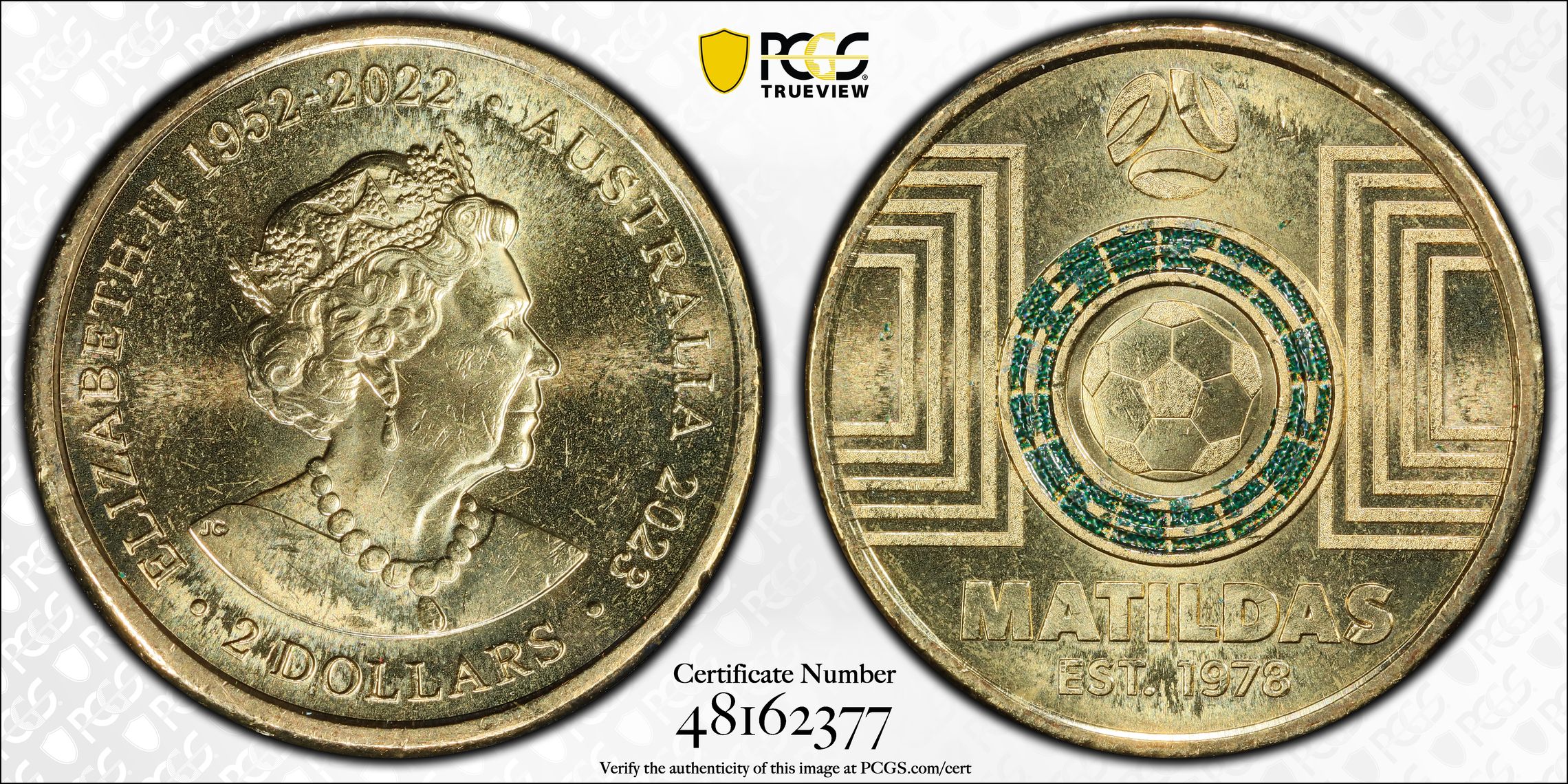 Elizabeth II, Matildas - Dark Green Colorized , Two Dollar, 2023, PCGS MS66