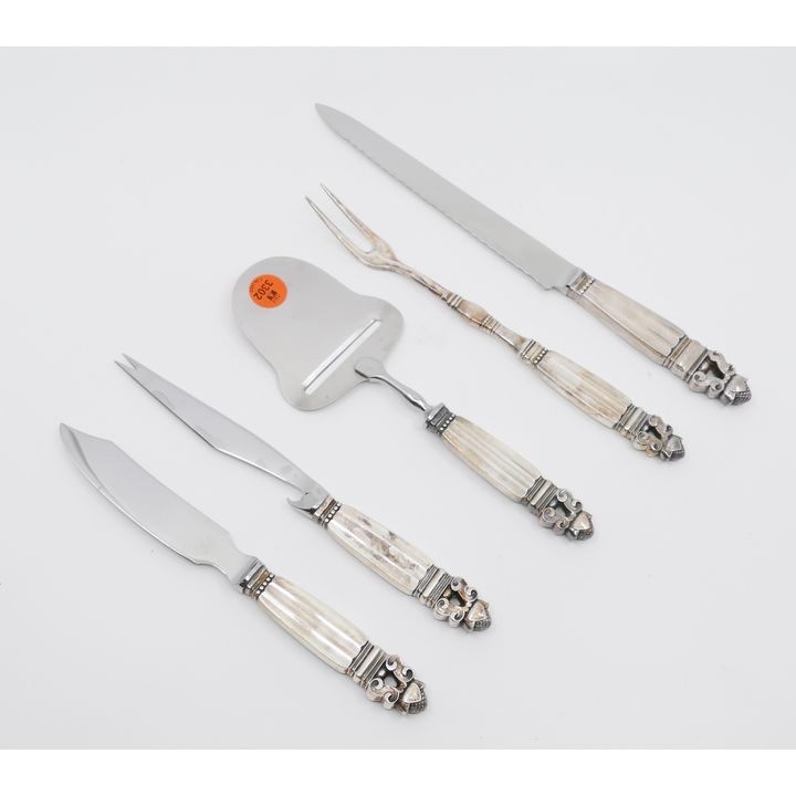 5pc Georg Jensen Denmark 'Acorn' Sterling Handled Stainless Knives & Fork