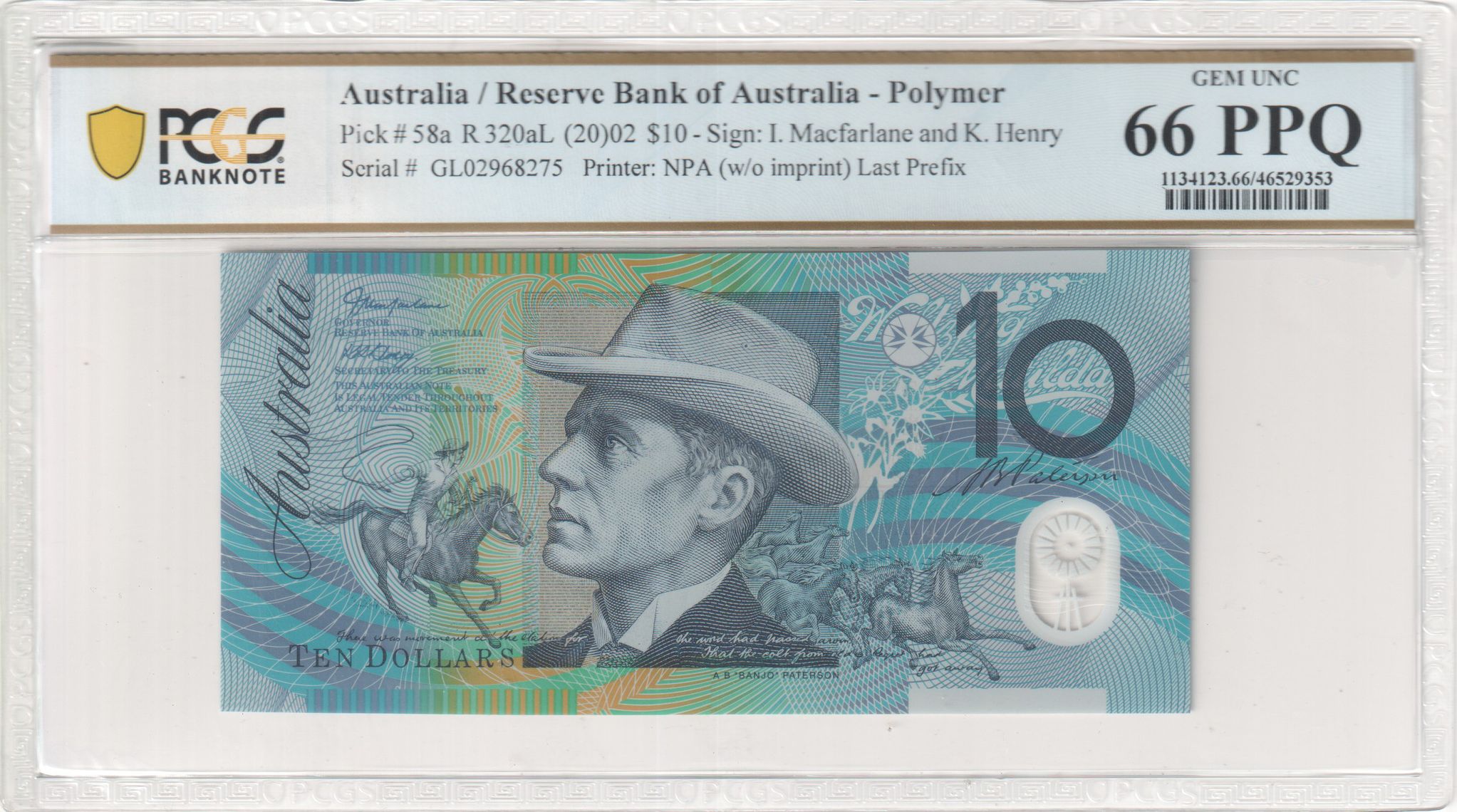 Macfarlane/Henry, Last Prefix, Ten Dollar, 2002, PCGS Gem UNC 66 PPQ