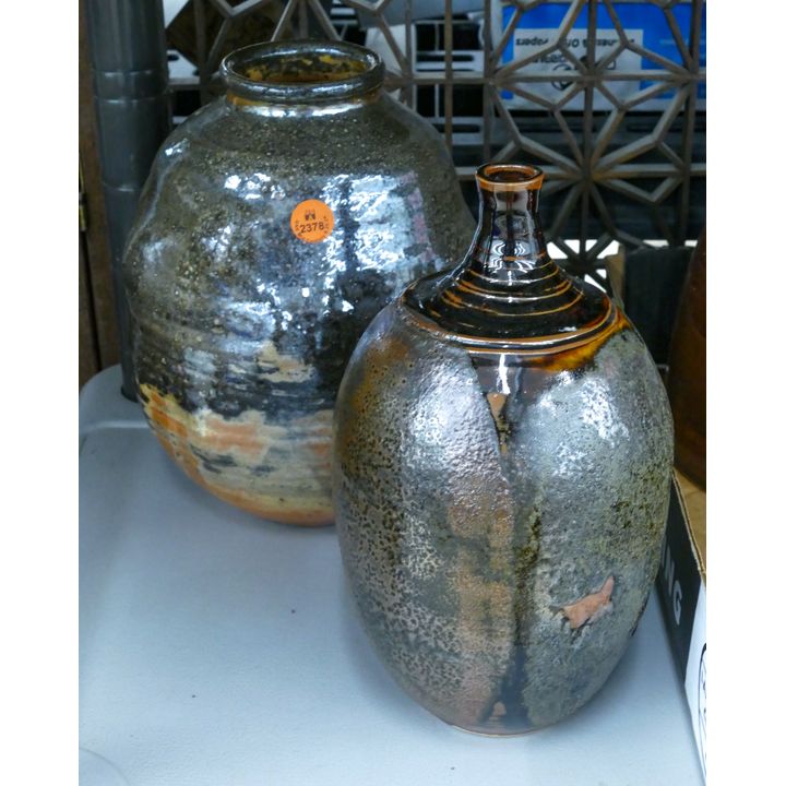 2pc Ed Brannan Shino & Tenmoku Glazed Vases 9'' Approx.
