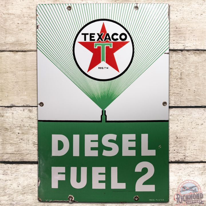 1959 Texaco White T Diesel Fuel 2 SSP Pump Plate Sign - 8.9