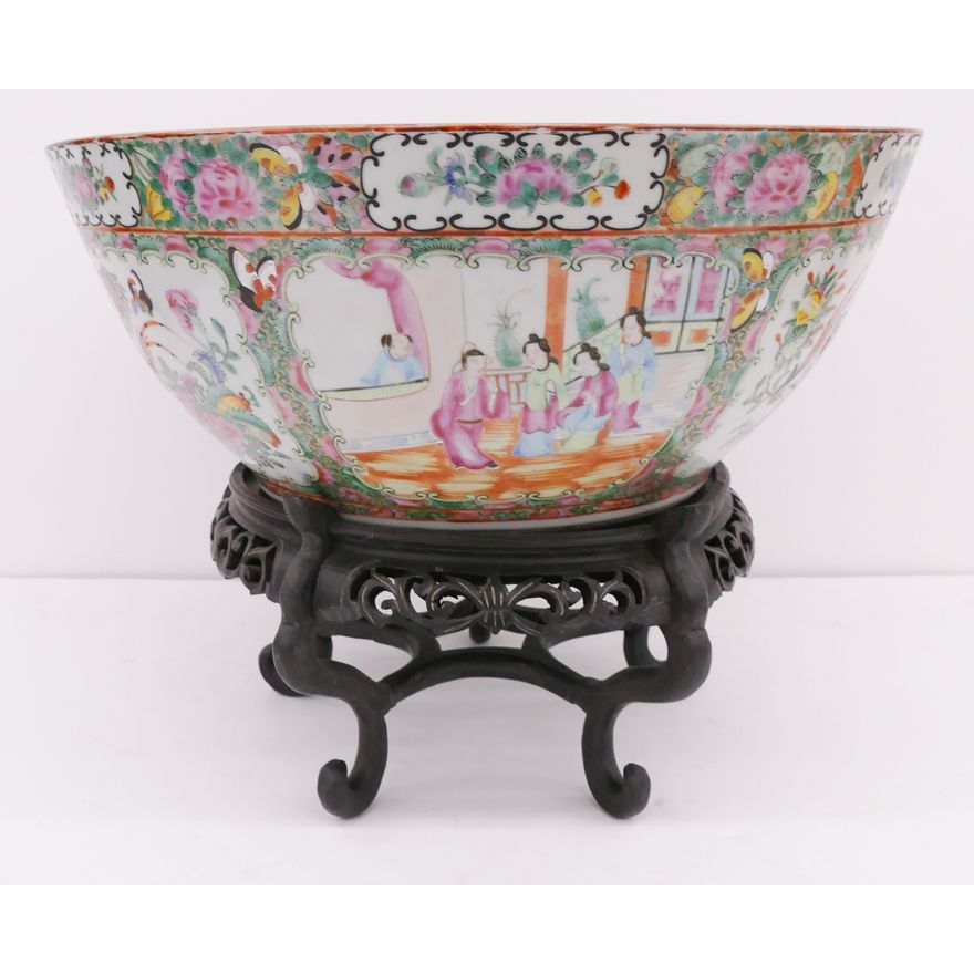 Antique Chinese Rose Canton Punch Bowl on Stand- has edge chip- 11.5x15.5''