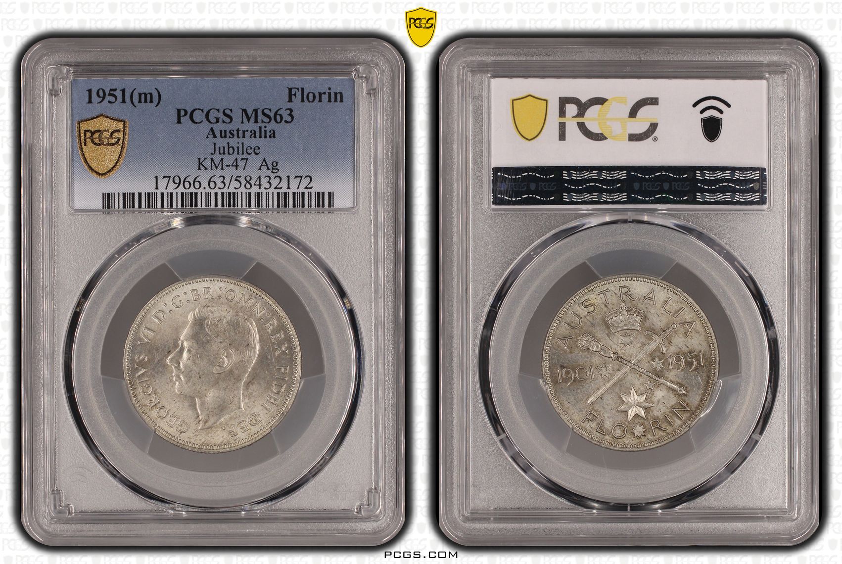 299 · Jubilee KM-47 Silver, Florin, 1951(m), PCGS MS63