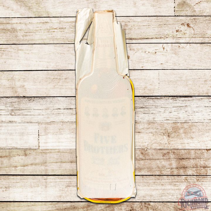 Excellent NOS 1954 Five Brothers Bourbon Whiskey Die Cut SS Tin Bottle Sign w/ Factory Paper
