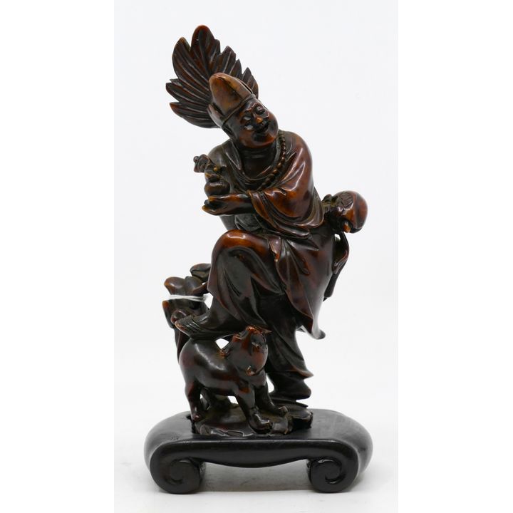 Old Chinese Deity with Cat Soapstone Carving 8''