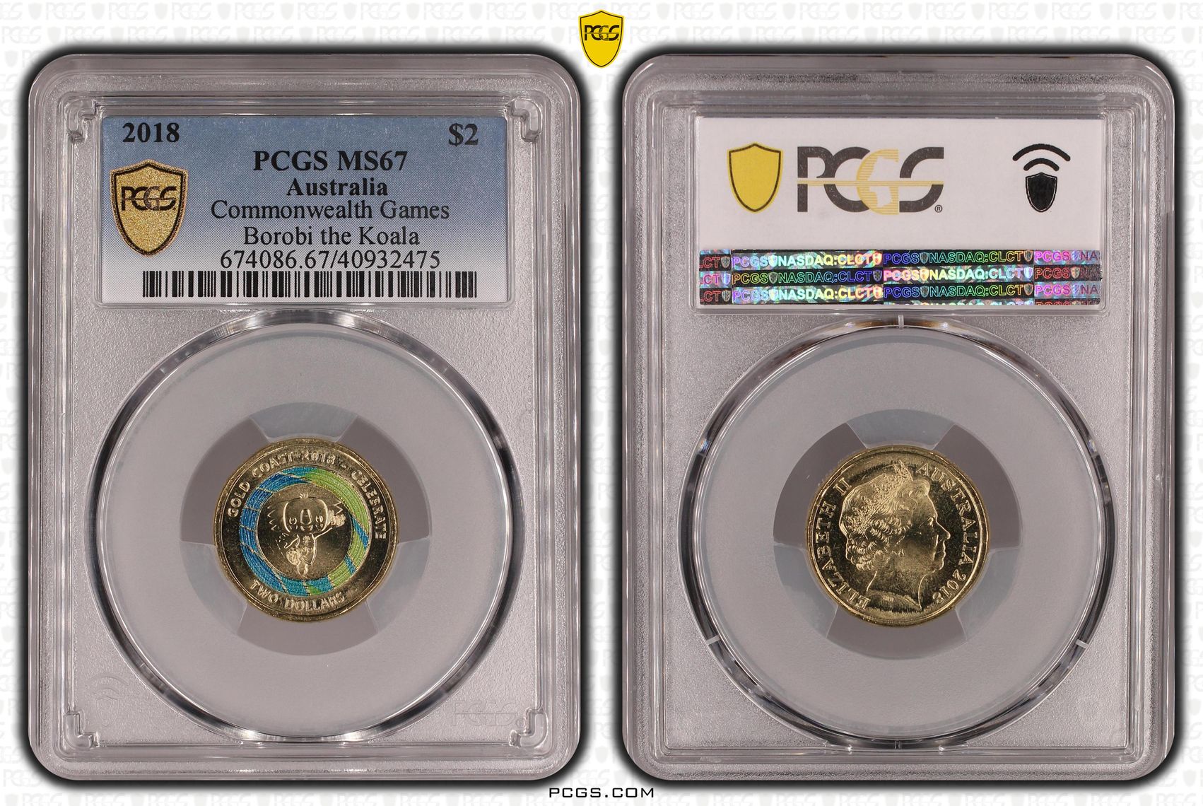 Commonwealth Games - Borobi the Koala, Two Dollar, 2018, PCGS MS67