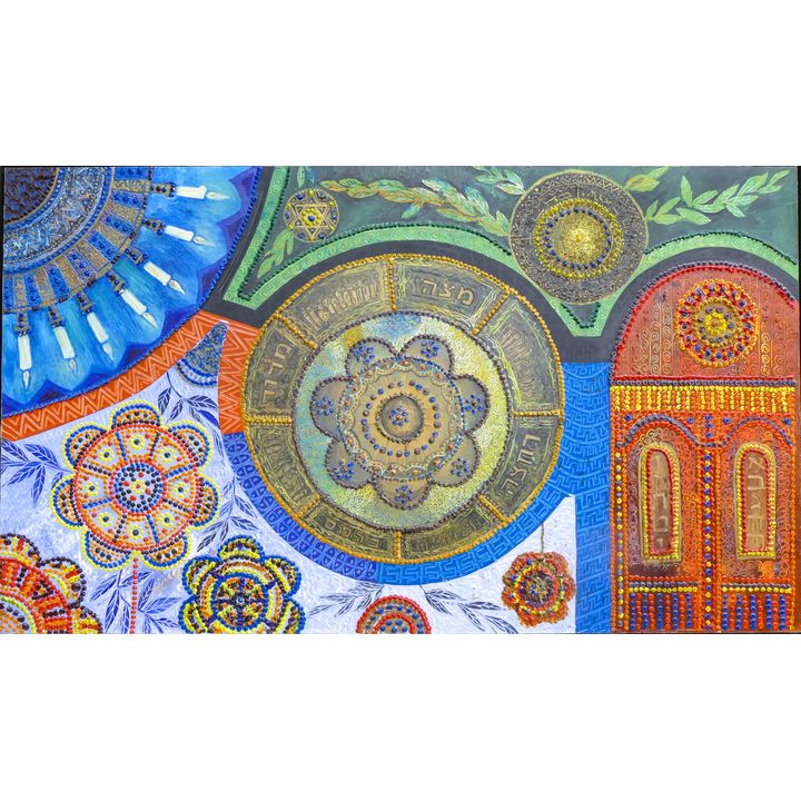 J. Nesher ''Abstract Synagogue'' Impasto Oil Painting Framed 30''x49''