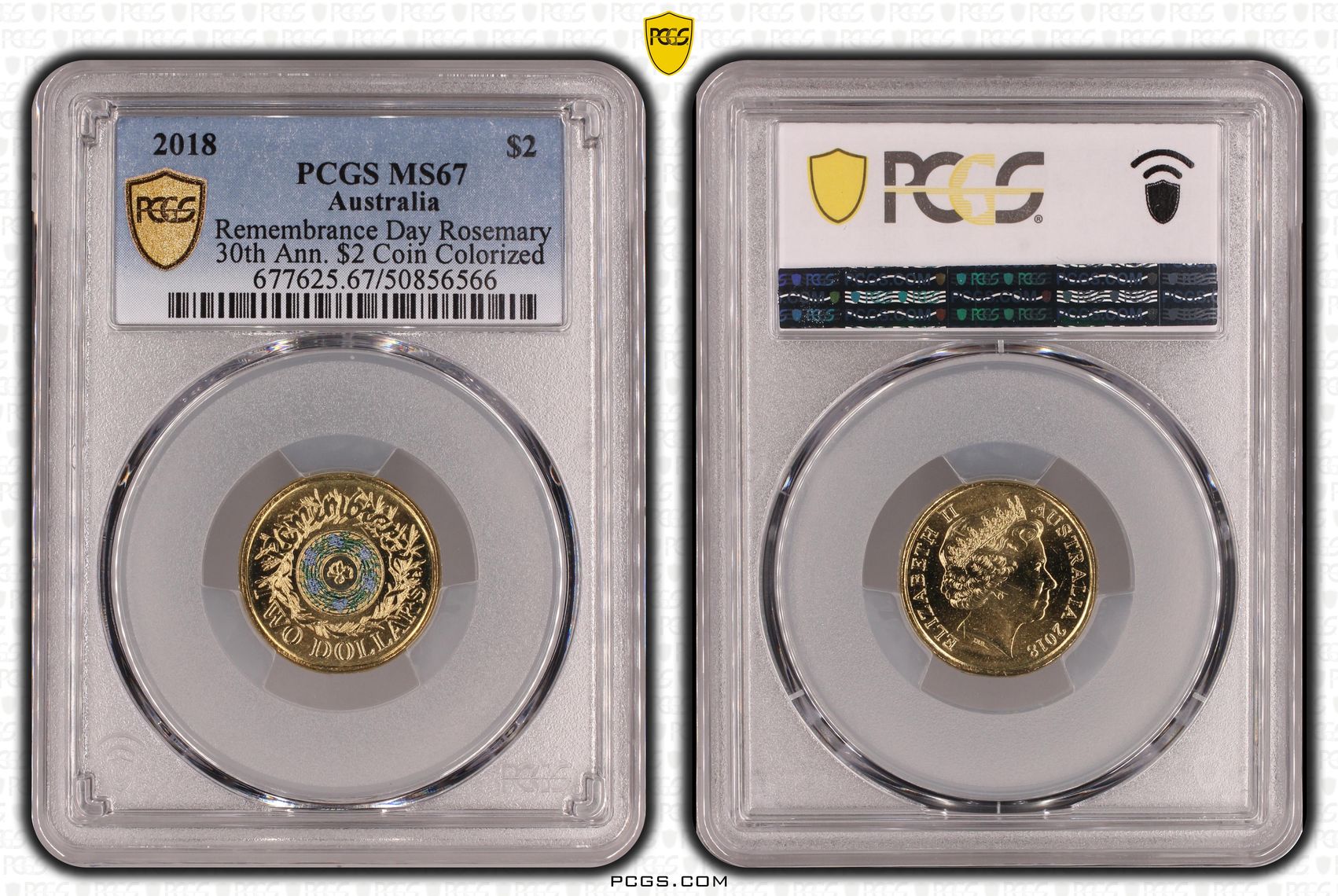426 · Remembrance Day Rosemary 30th Ann. $2 Coin Colorized , Two Dollar, 2018, PCGS MS67
