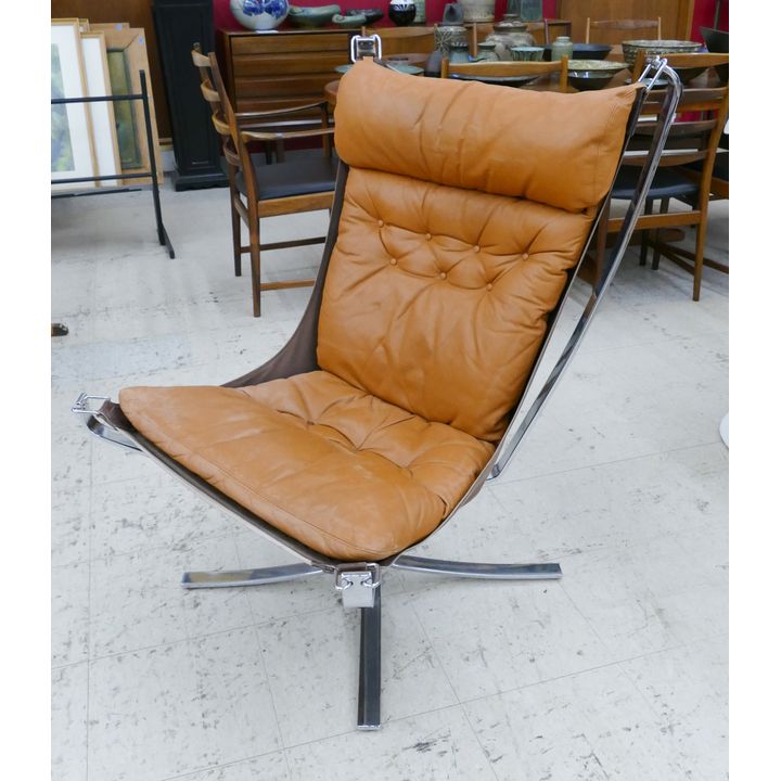 Sigurd Ressell Chrome & Brown Leather Falcon Chair 40''x31''x32''