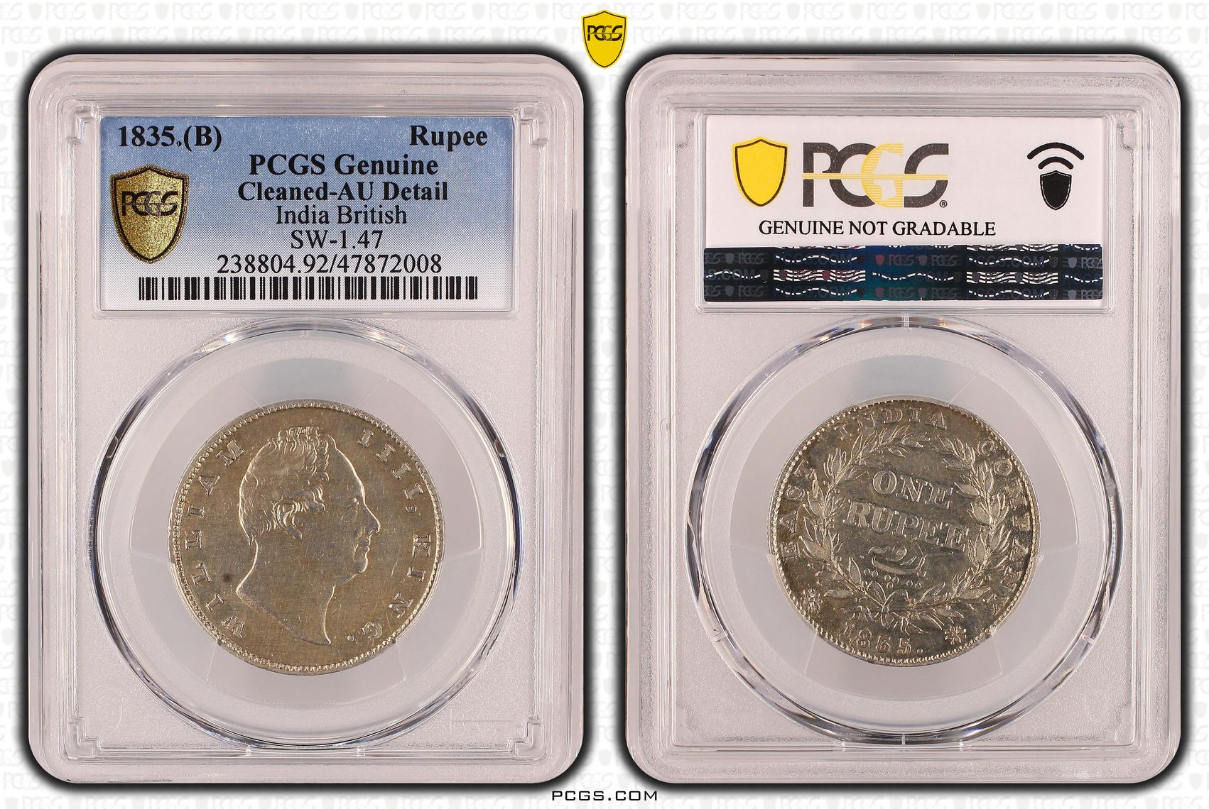 India British, SW-1.47, Rupee, 1835.(B), PCGS Genuine - AU Details (92 - Cleaned)
