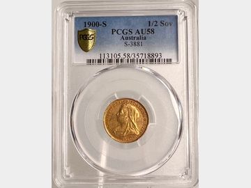 1900 SYDNEY HALF SOVEREIGN OLD HEAD PCGS AU58