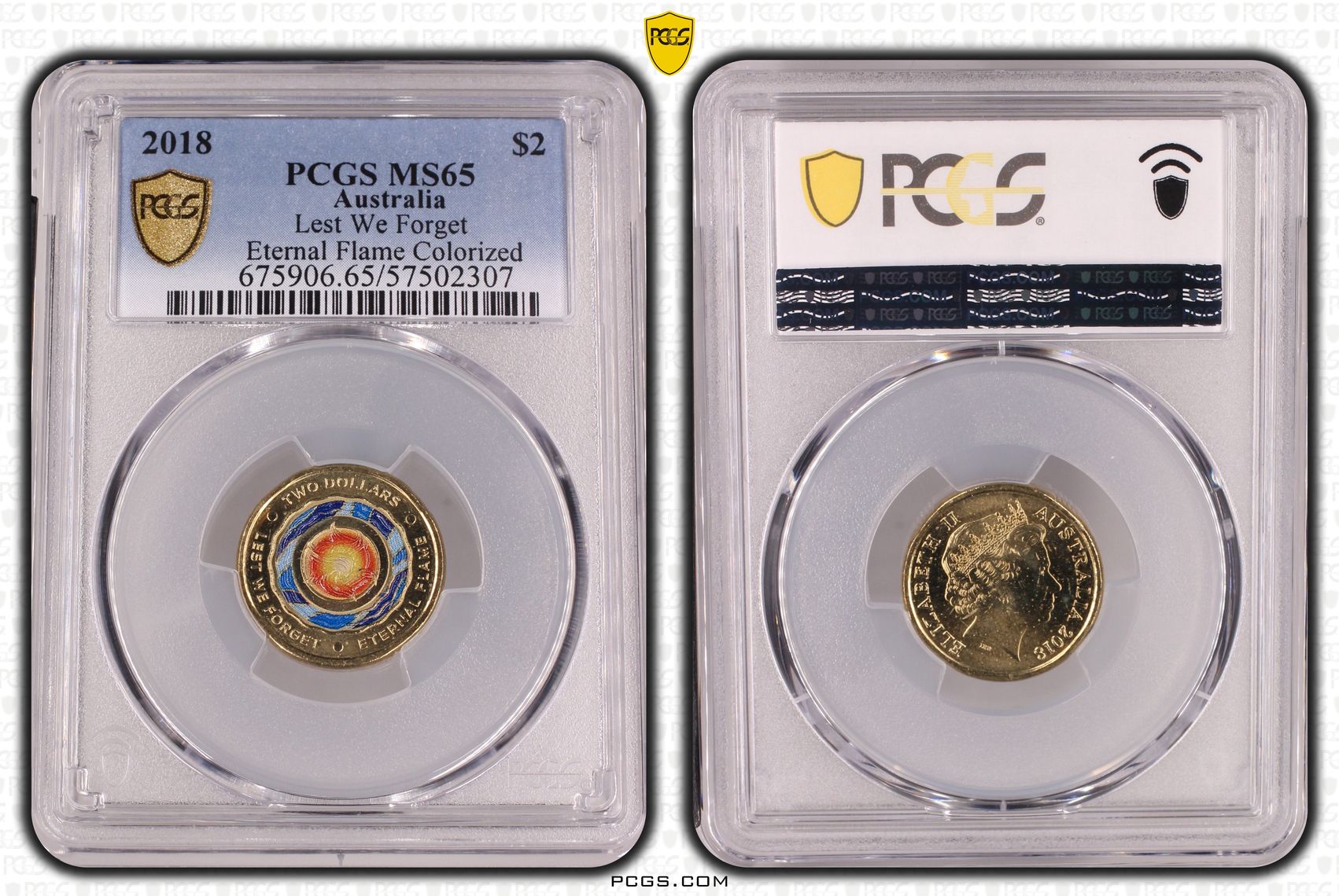 Lest We Forget Eternal Flame Colourised, Two Dollar, 2018, PCGS MS65