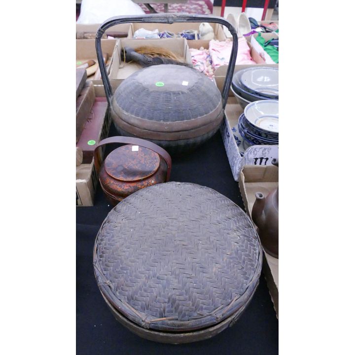3pc Old Chinese Covered Baskets- 6'' to 12'' wide