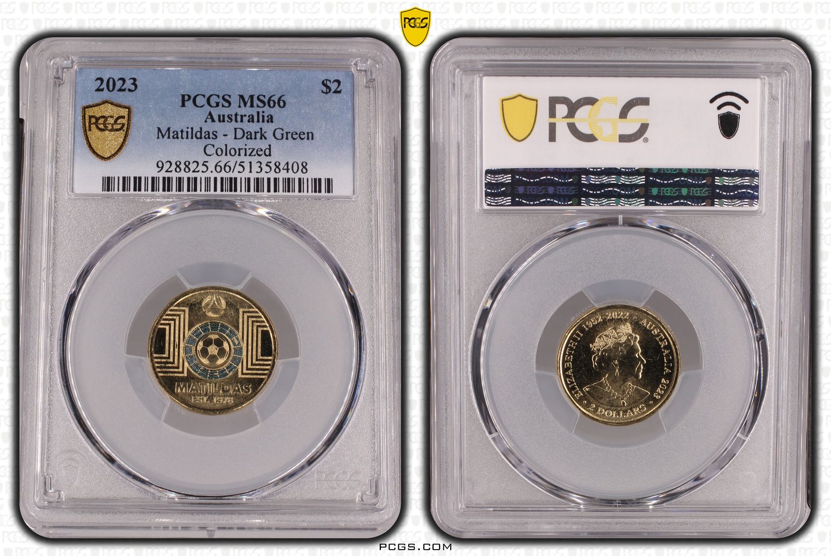 Matildas - Dark Green Colorized, Two Dollar, 2023, PCGS MS66
