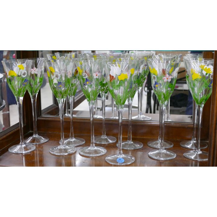 12pc Hand Painted Tall Stemware Signed I.G. 10''