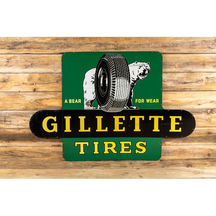 Gillette Tires "A Bear For Wear" w/ Logo Double Sided Porcelain ID Sign TAC 8.5 & 8