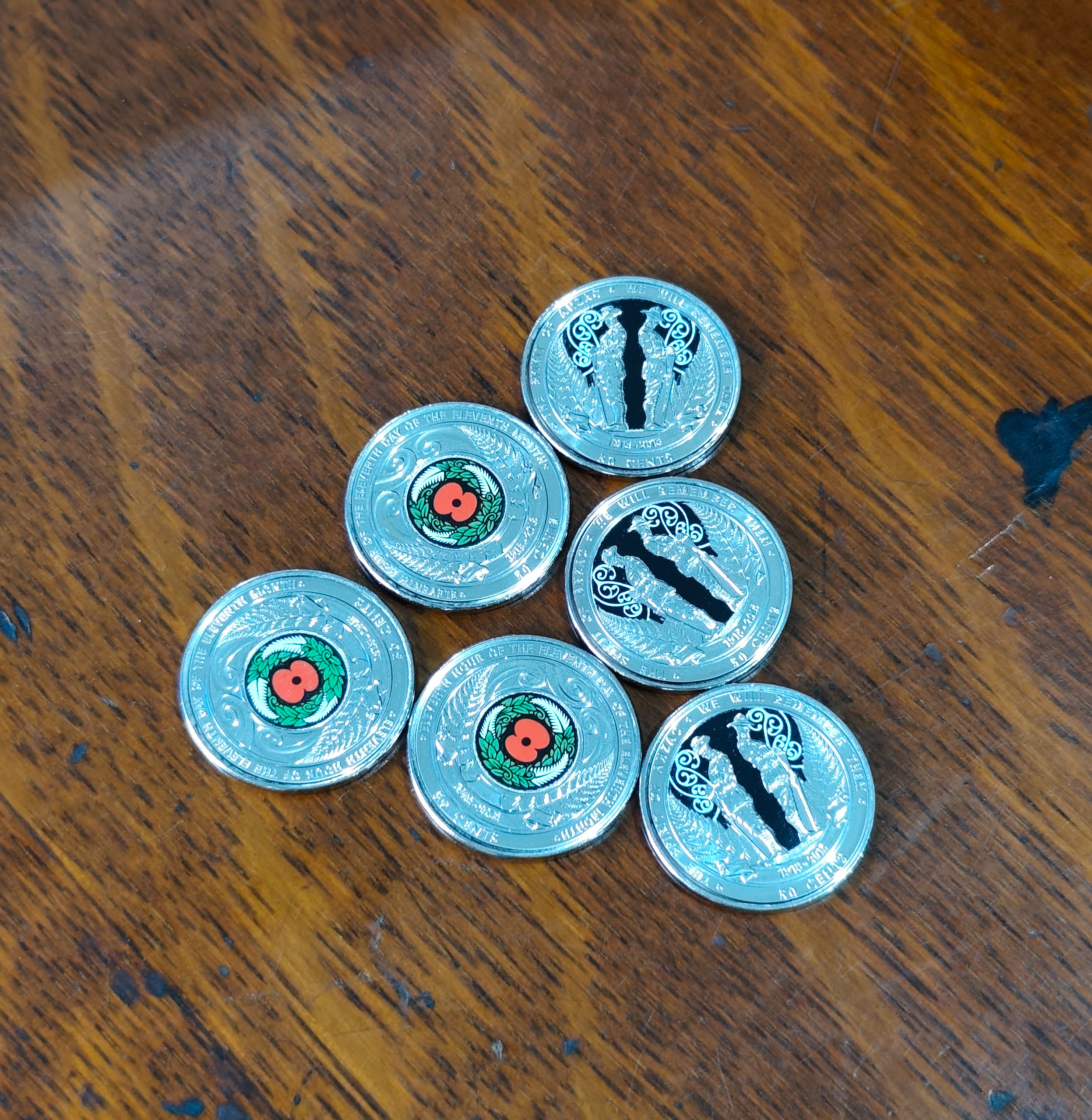 ANZAC/Armistace New Zealand 50c Coins x 6 — sold at auction in New Zealand for $25