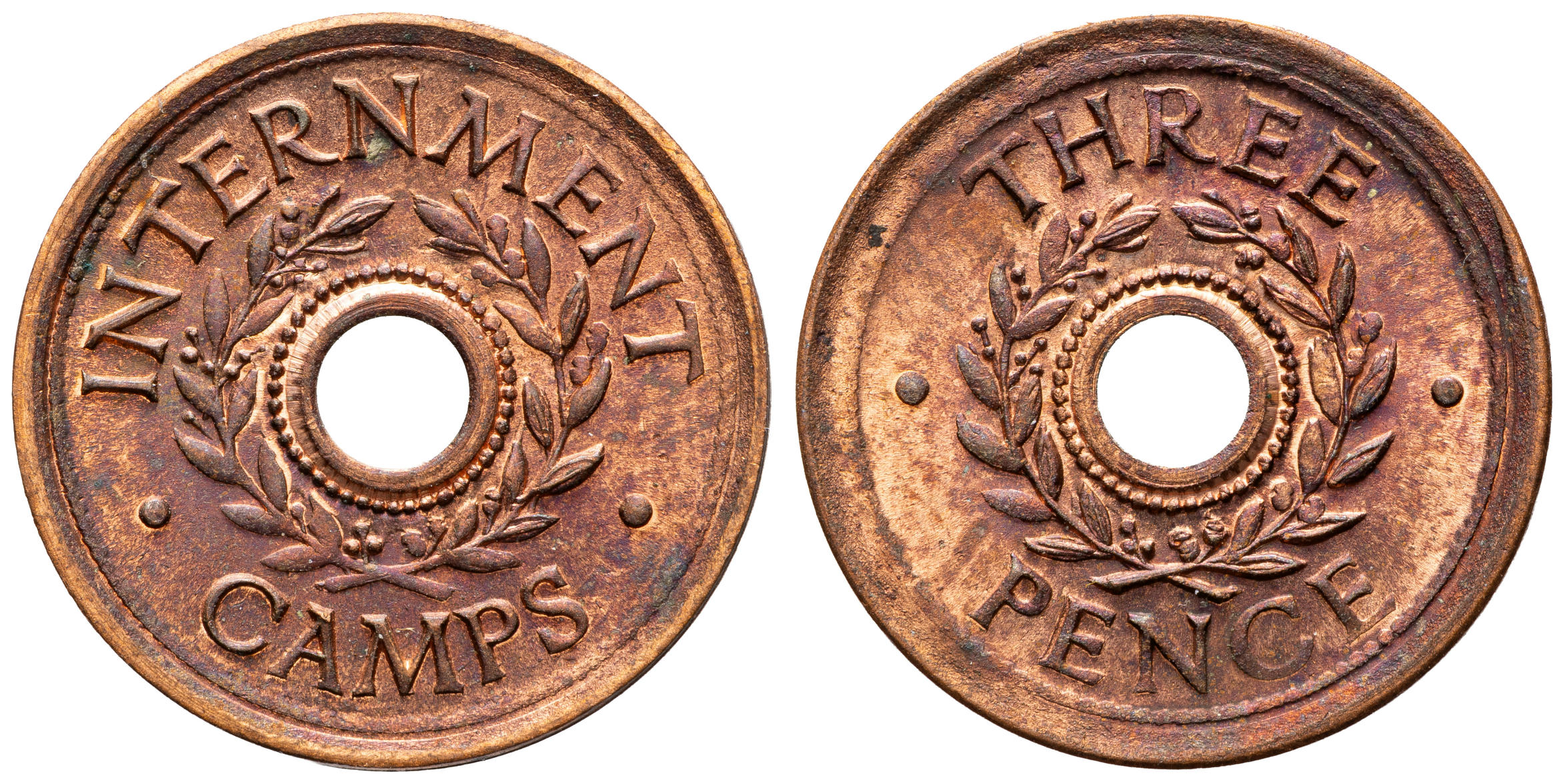 139 · Department of Army Internment Camp Currency Token, Threepence, WWII, UNC