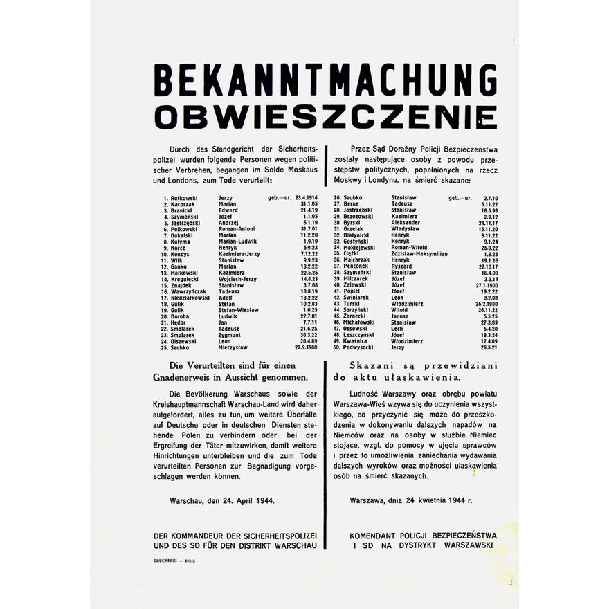 Obwieszczenie o skazaniu na śmierć
ŚMIERĆ, Z DNIA
24 KWIETNIA 1944