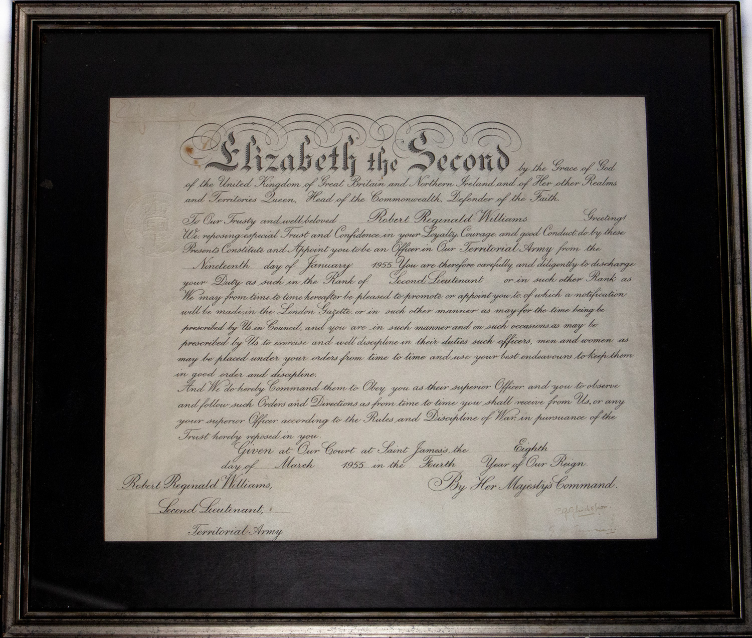 Great Britain, Elizabeth II, Hand-Signed Officer's Commission , 1955, EF