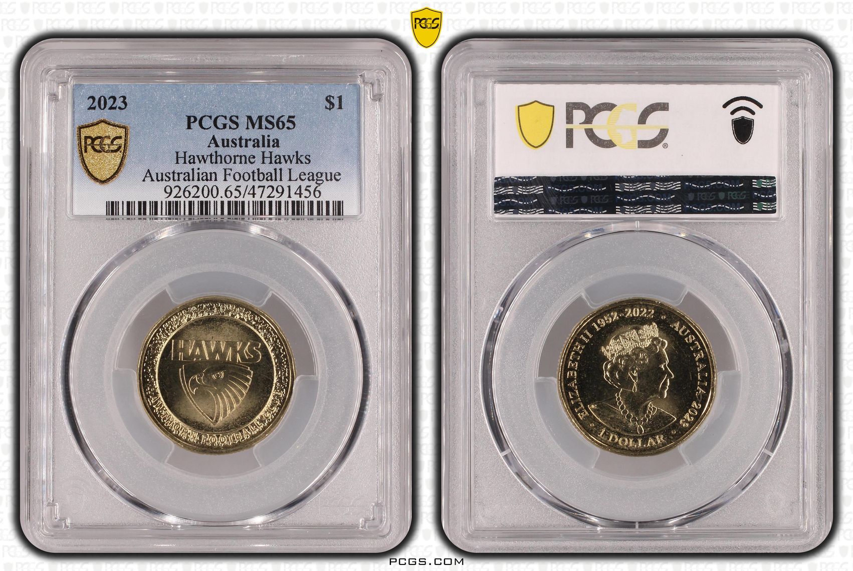 Elizabeth II, AFL- Hawthorne Hawks, One Dollar, 2023, PCGS MS65